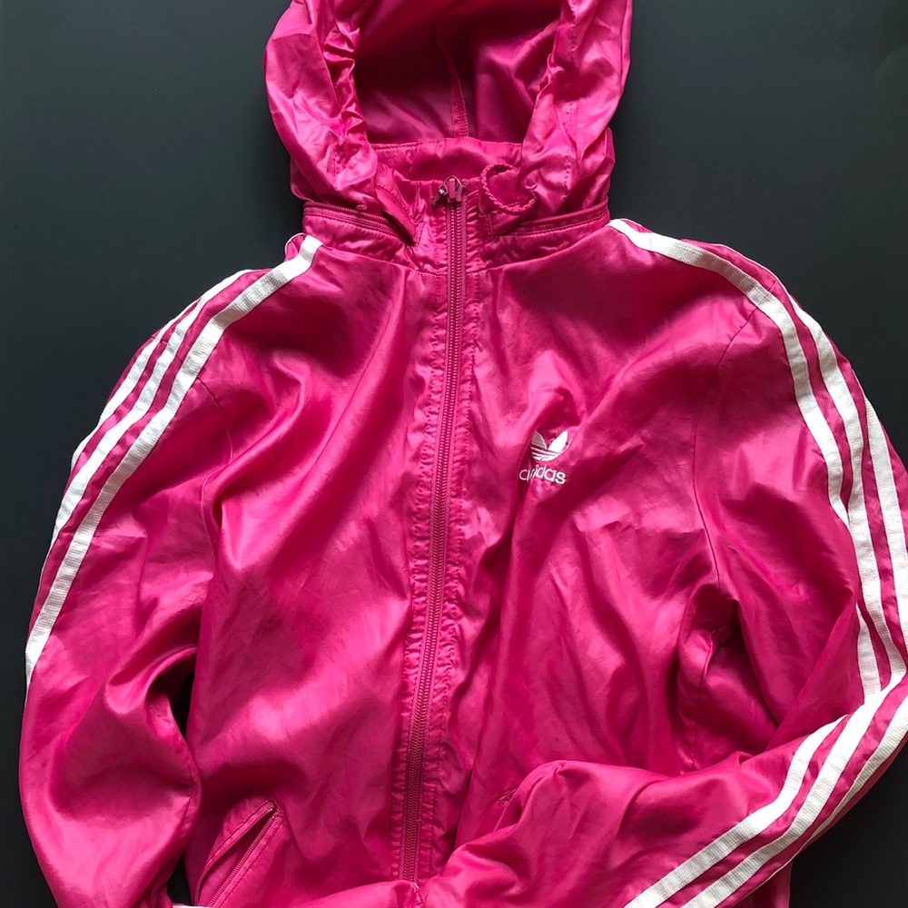 Pink adidas windbreaker with hoodie S